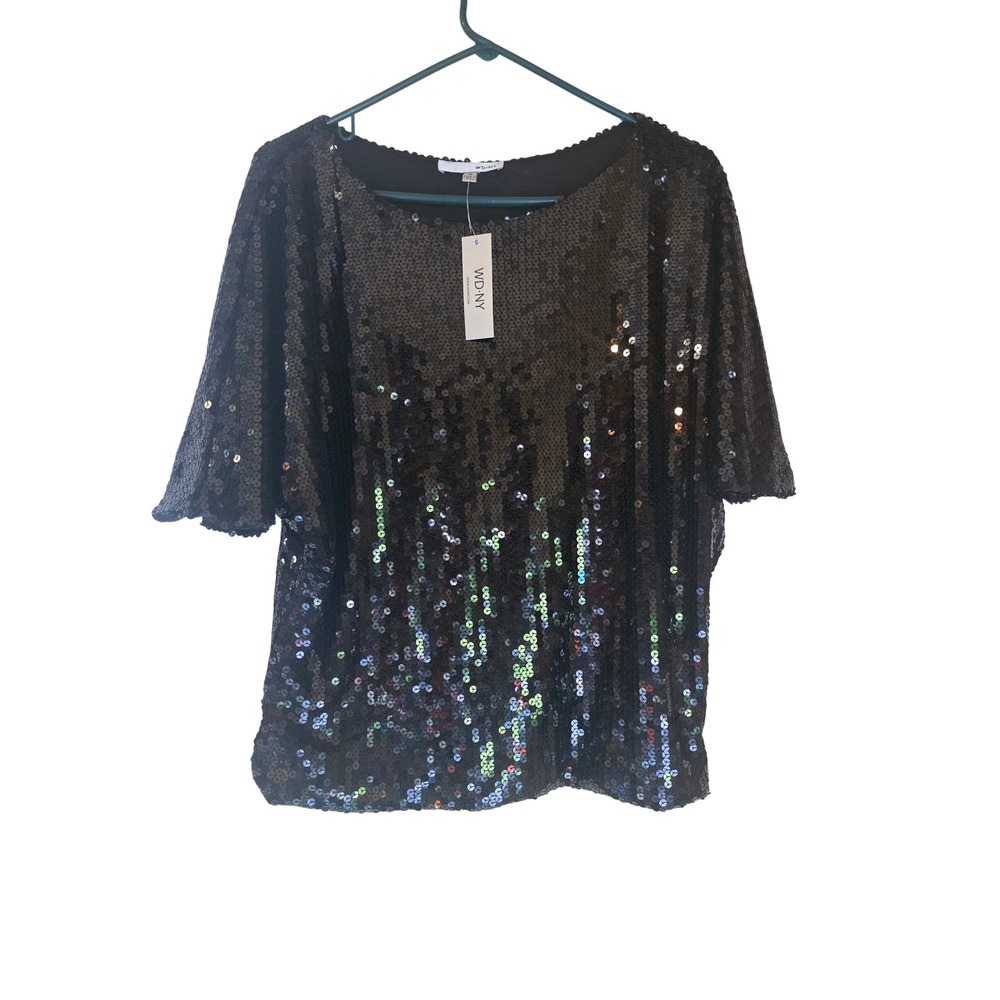 WD-NY Women Black Iridescent Sequin Dolman Sleeve Top Party Blouse Size M NEW